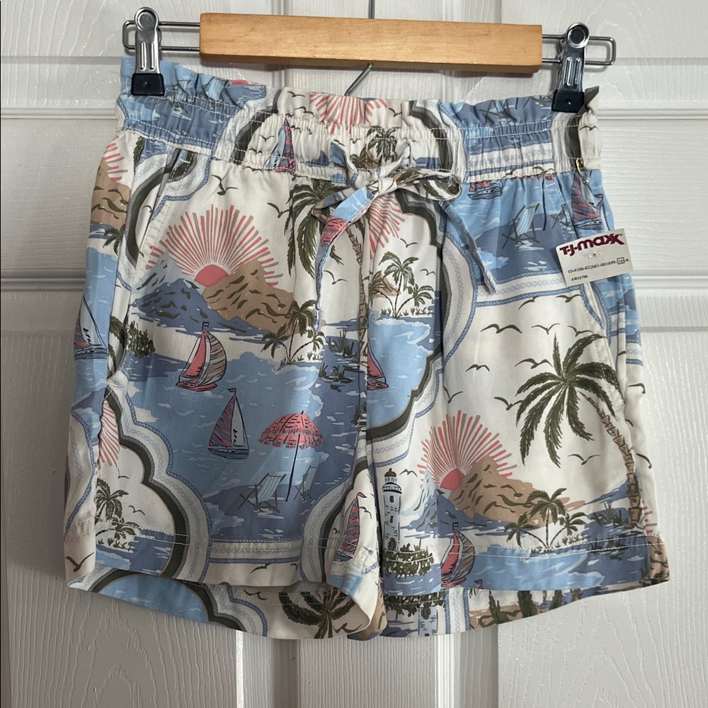 Cynthia Rowley Tropical Print Cargo Shorts — Blue, White, Pink, Tan, Green